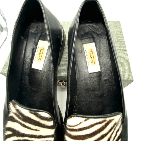 Talbots Loafer Italy Black Leather‎ Calf hair zebra print Square toe Women  7 - Picture 3 of 8